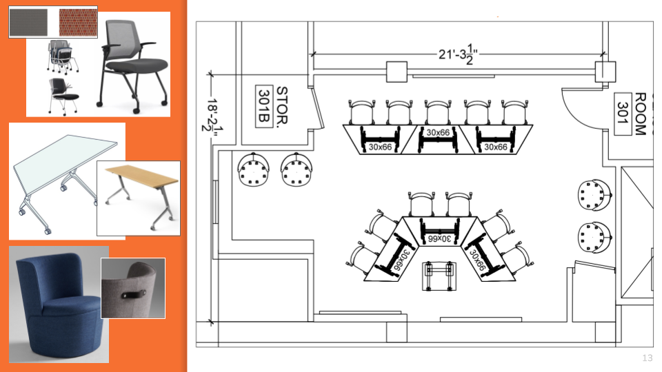 Photo of TRC furnishings; trapezoidal tables arranged in lecture-style seating